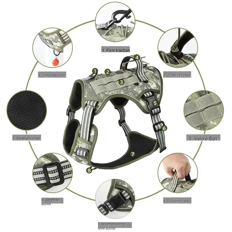 Tactical Reflective Dog Harness – No Pull, Adjustable